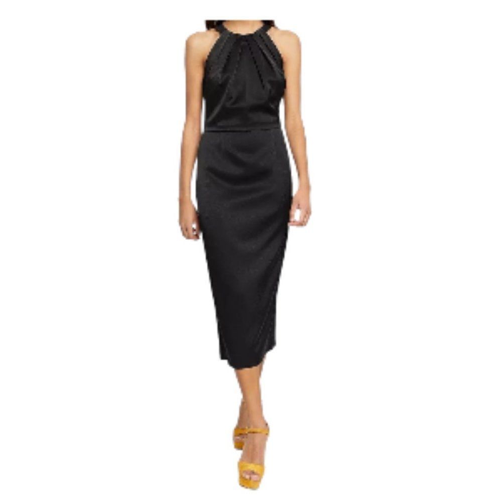 Paule Ka Pleated Neck Midi Dress Black 42 NWT V